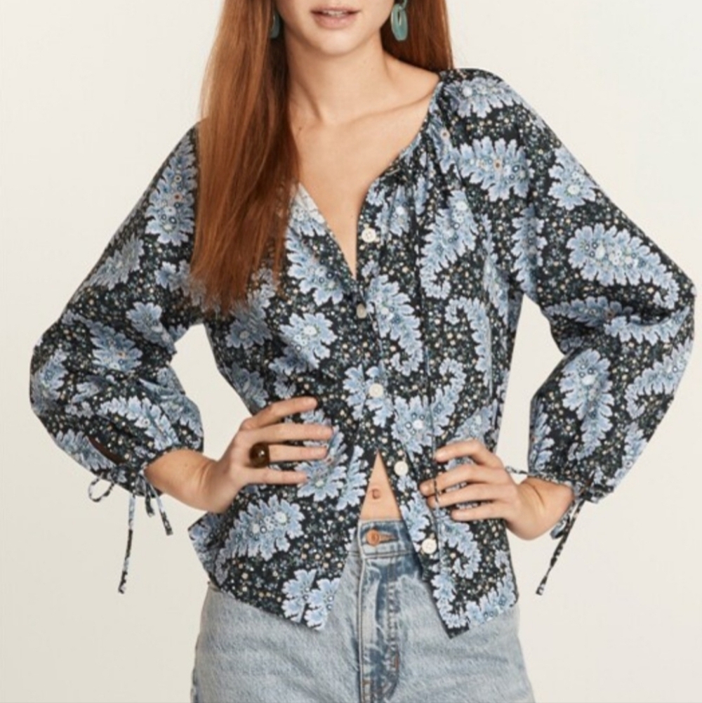 J Crew Collection tie-sleeve button-front top in Ratti Pacific paisley